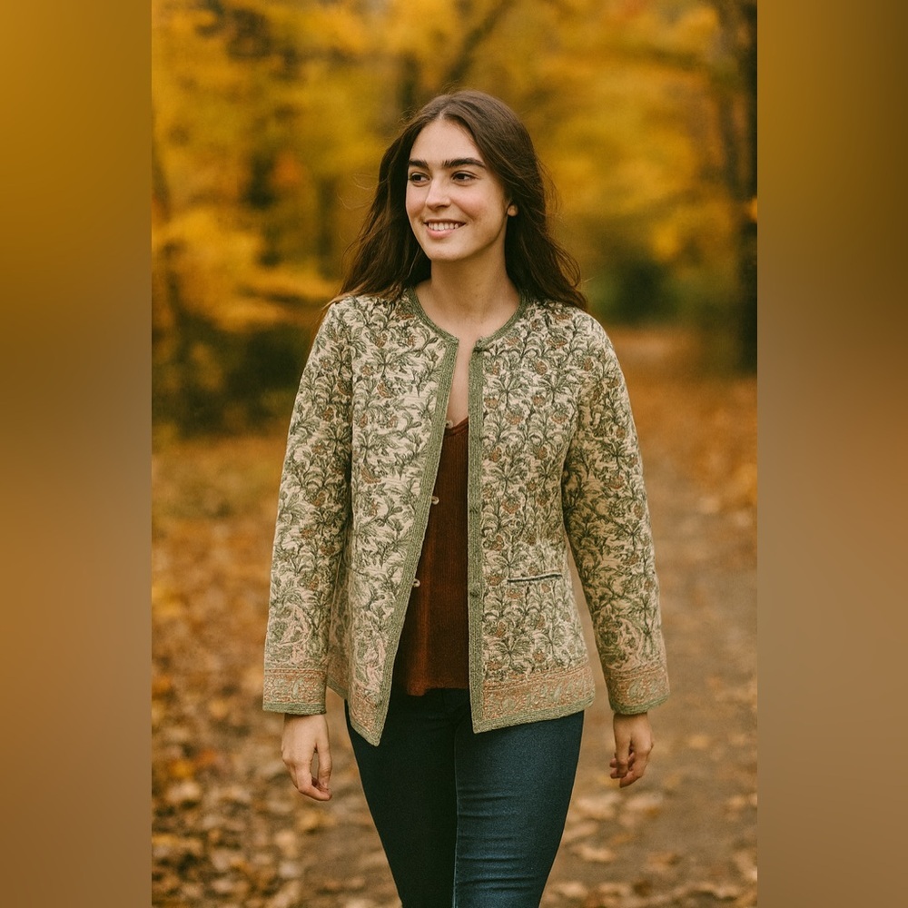 Green Floral Quilted Long Sleeve Jacket - Women